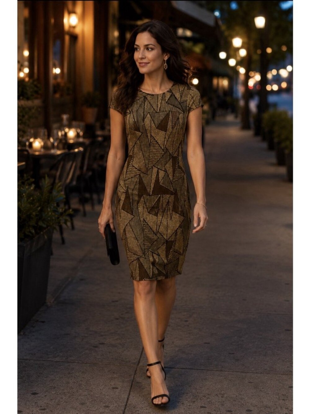 Vince Camuto Gold Geometric Dress Sz 12 Stretch Metallic Gatsby Evening Date NEW